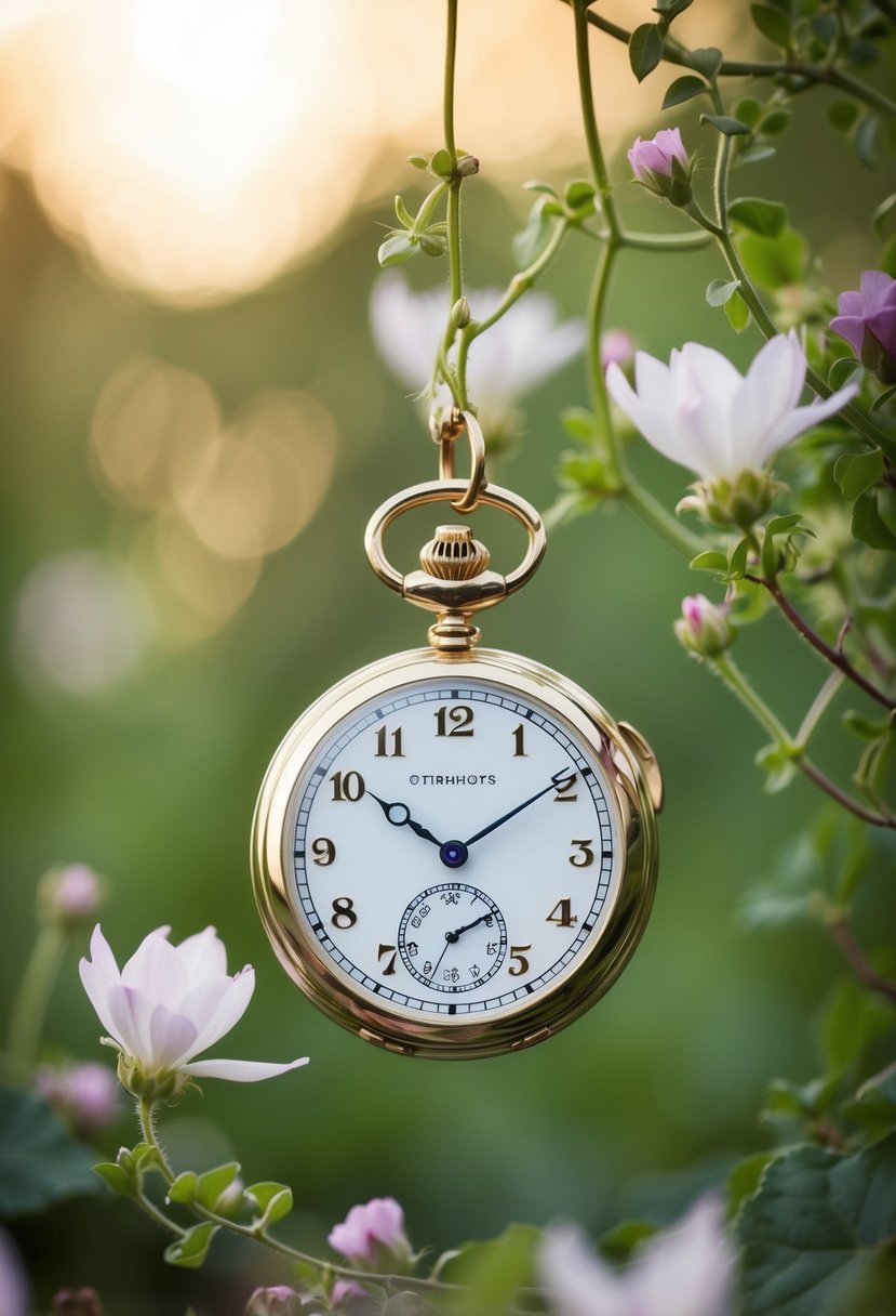 A pocket watch suspended in mid-air, surrounded by delicate flowers and vines, with a soft glow emanating from it