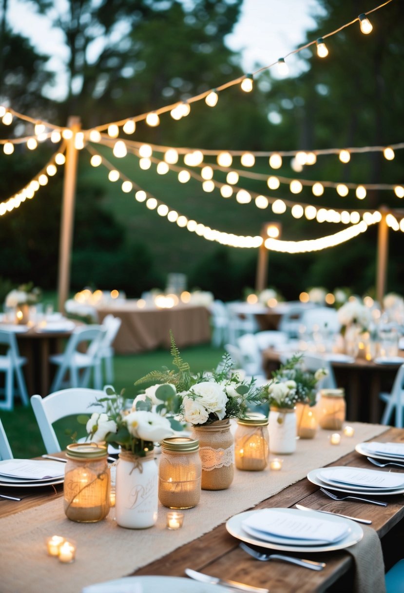 A rustic outdoor wedding with burlap and lace decorations, mason jar centerpieces, and fairy lights strung across the venue