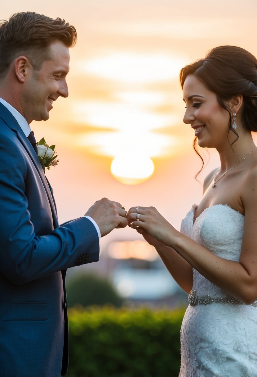 A bride and groom exchanging wedding rings, with a beautiful sunset in the background