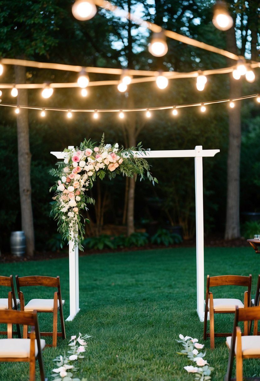 A backyard wedding with string lights, floral arch, and rustic seating