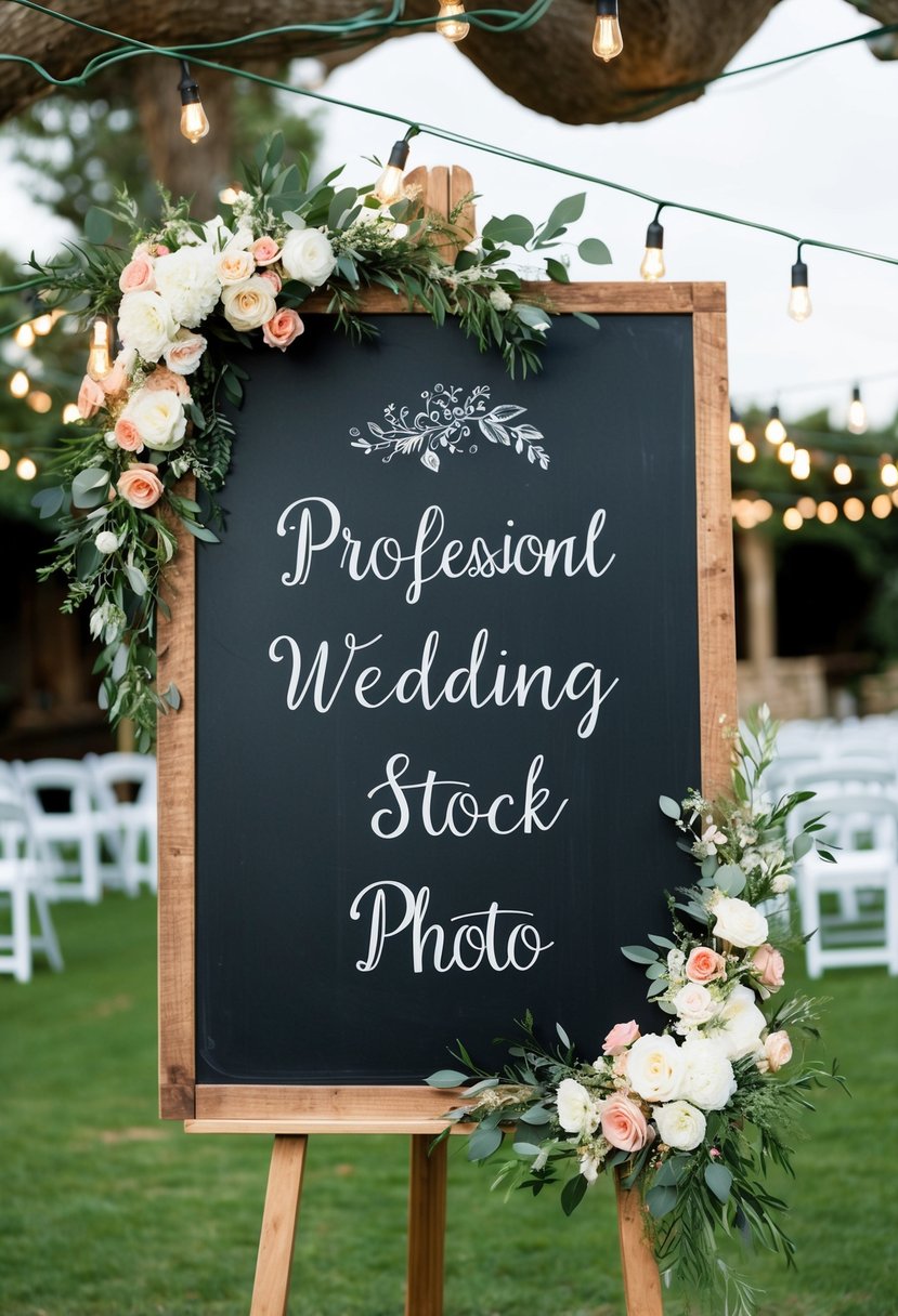 A rustic chalkboard sign adorned with floral garlands and hanging lights, set against a backdrop of a charming outdoor wedding venue