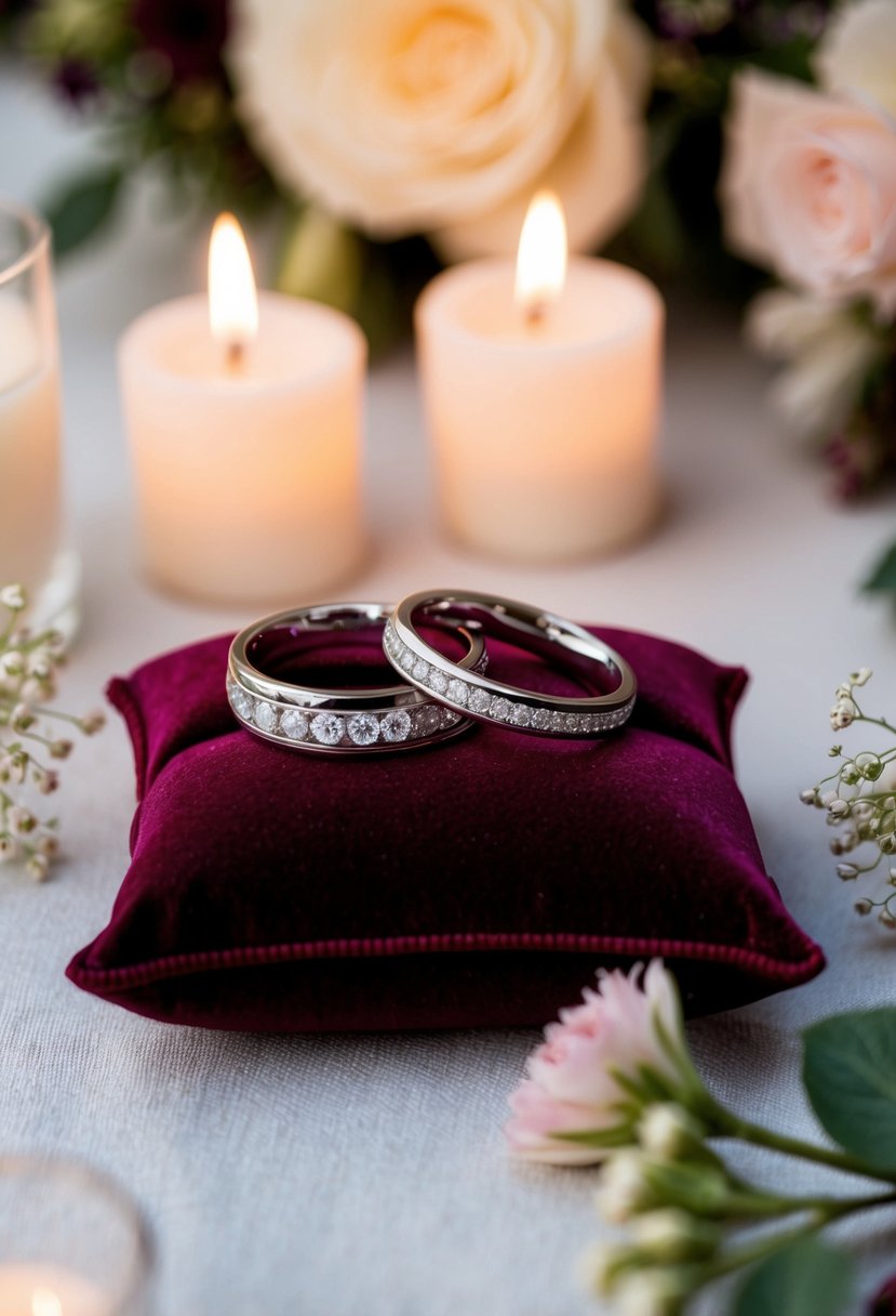 A pair of elegant wedding bands sit side by side on a velvet cushion, surrounded by delicate floral arrangements and soft candlelight