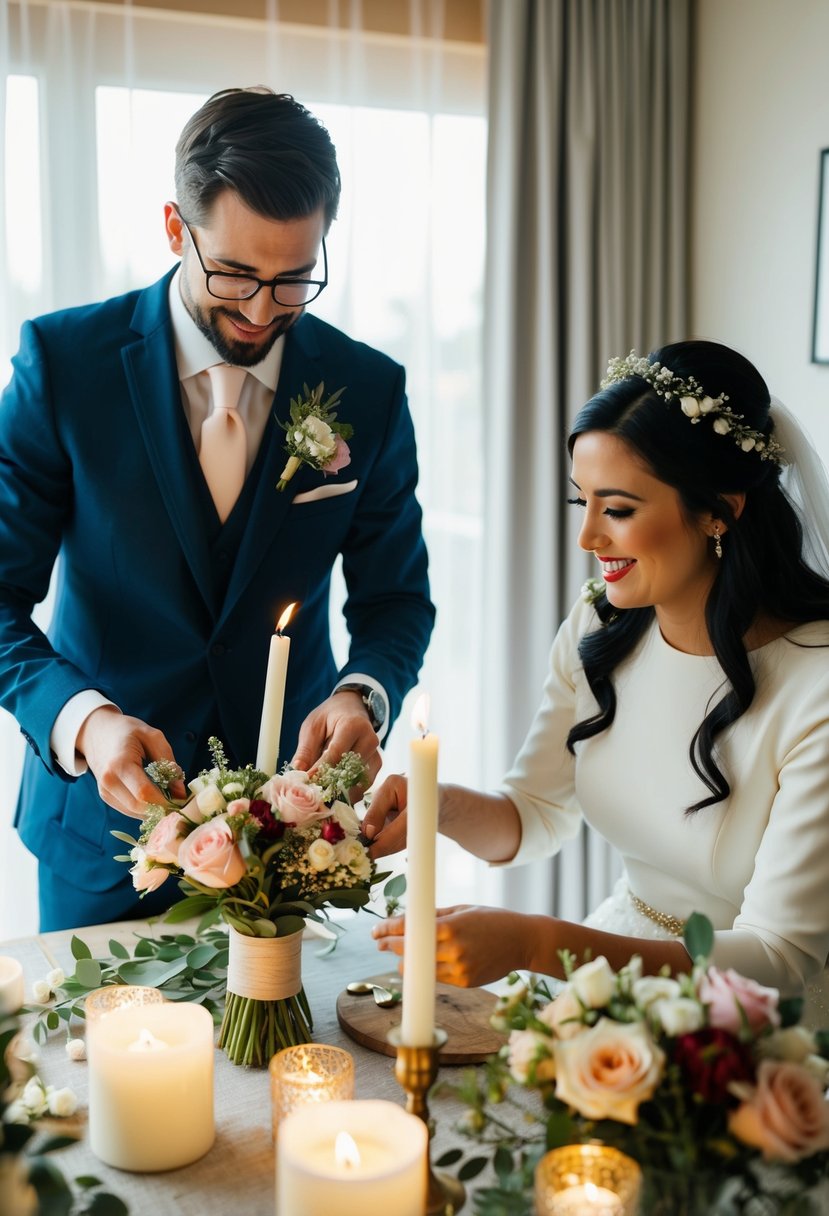 A bride and groom creating their own wedding decor with flowers, ribbons, and candles in a cozy, budget-friendly setting