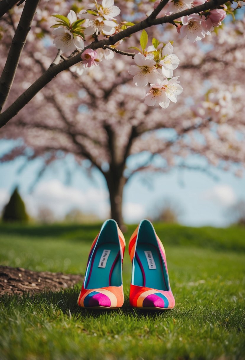 A pair of colorful shoes placed neatly under a blossoming tree, suggesting a whimsical and romantic wedding setting