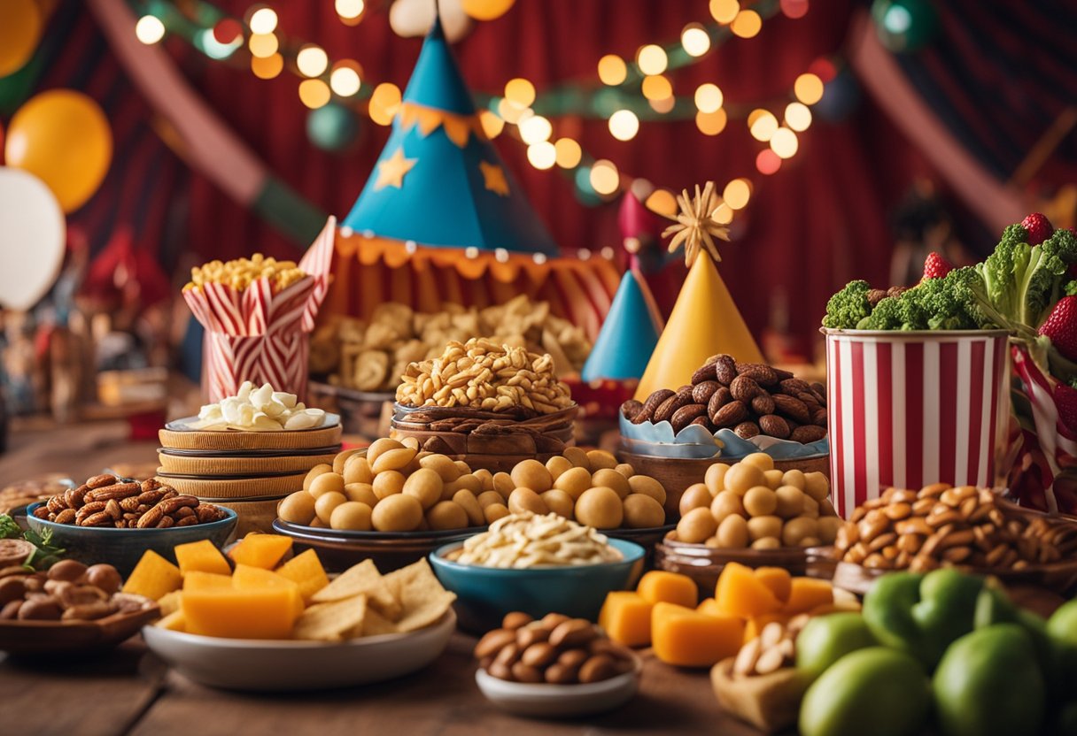 A colorful circus tent with keto-friendly snacks like nuts, cheese, and veggies displayed on a vibrant table. Balloons and circus props add to the festive atmosphere