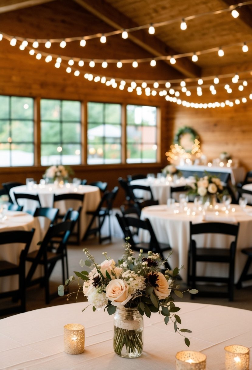 A cozy community hall with string lights, simple floral centerpieces, and DIY decorations. A budget-friendly wedding with rustic charm