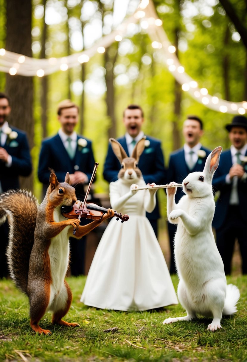 A group of woodland animals stage a surprise musical performance at a wedding, with a squirrel playing the violin, a rabbit on the flute, and a bird singing