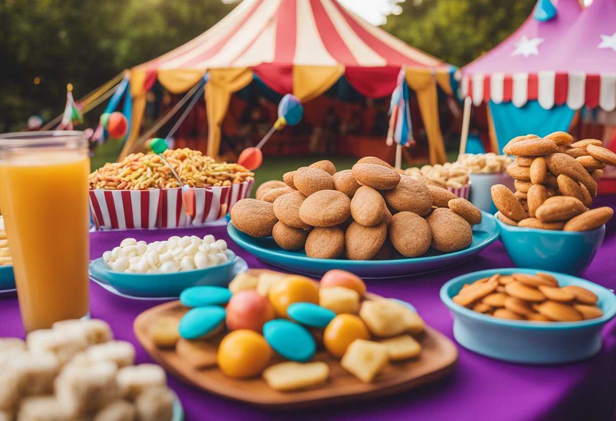 A colorful circus tent surrounded by various keto-friendly snack options, including Almond Joyful Bites, displayed on a vibrant table