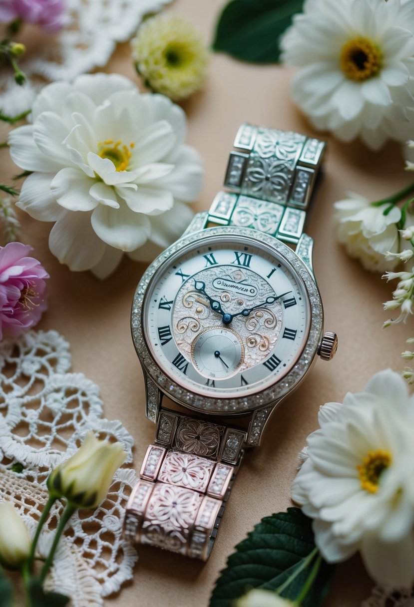 A beautifully decorated wedding watch with intricate engravings, surrounded by delicate flowers and elegant lace