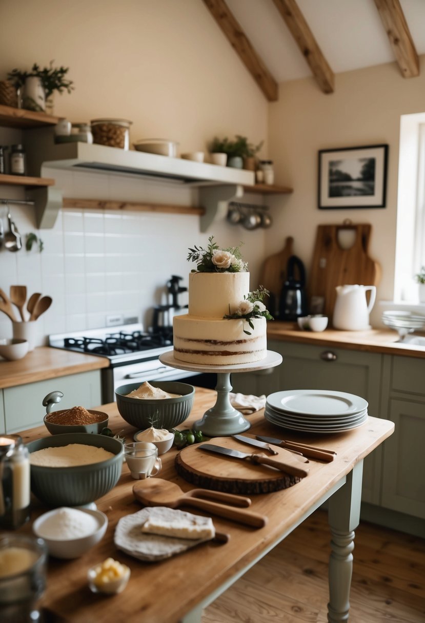 A cozy kitchen with a rustic table set for a wedding cake baking session. Ingredients and utensils are neatly arranged, creating a warm and inviting atmosphere