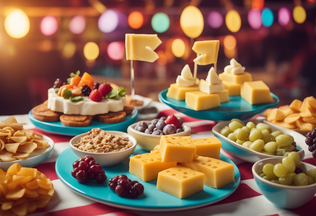 A colorful spread of keto-friendly snacks, including creamy cheese delights, arranged in a circus-themed setting with vibrant colors and playful patterns