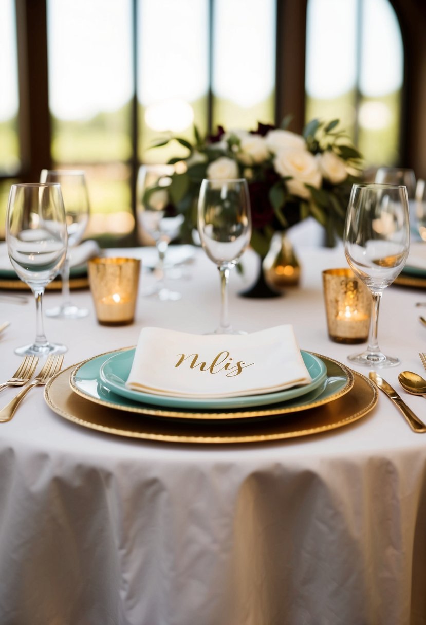 A table set with personalized cocktail napkins and wedding decor