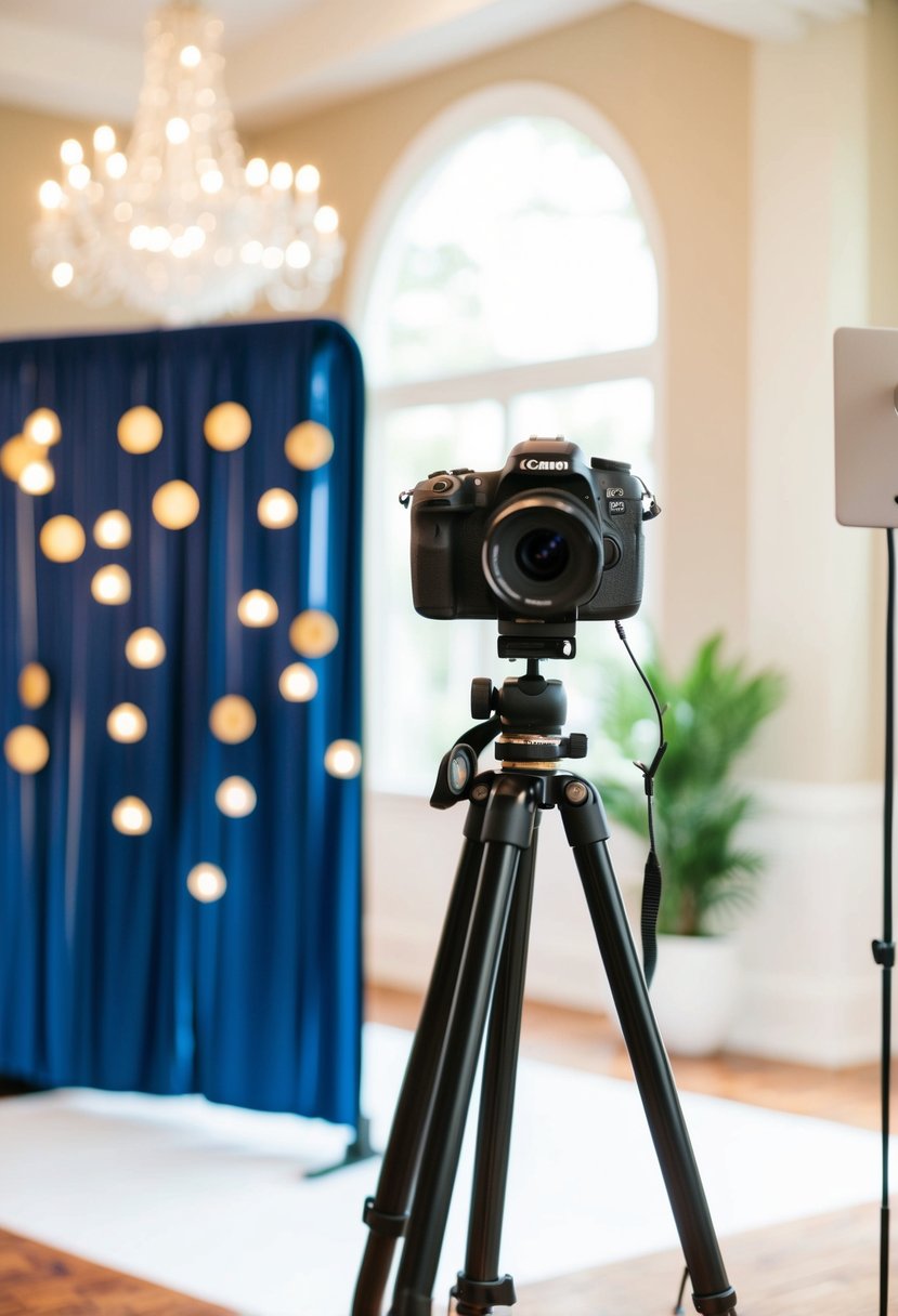 A DIY photo booth at a wedding, with a backdrop, props, and a camera on a tripod