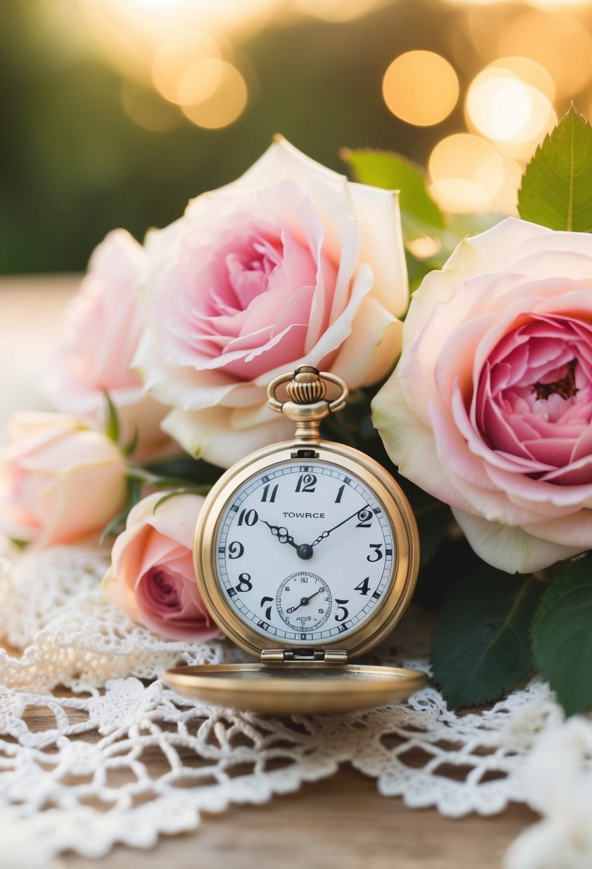 A vintage pocket watch nestled among blooming roses and delicate lace, bathed in soft golden light