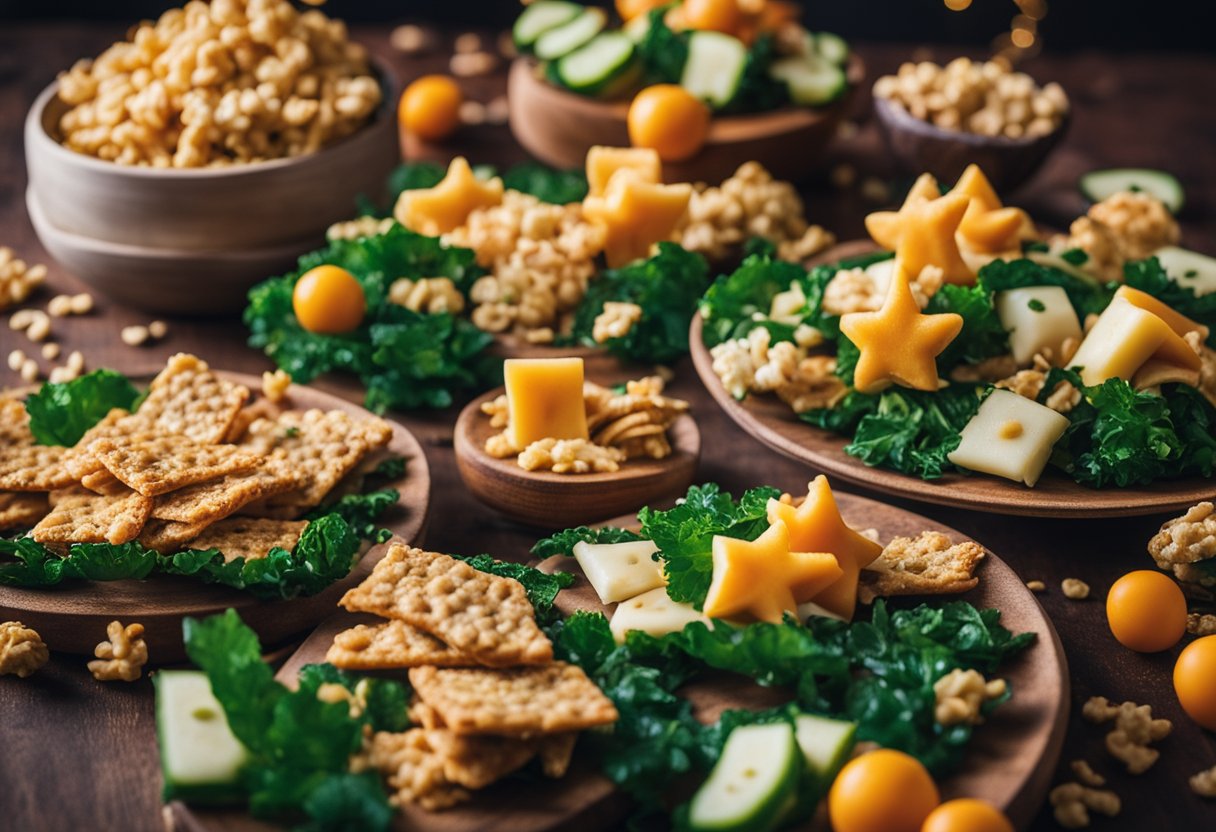 A colorful array of keto-friendly snacks, including savory seaweed crunch, displayed on a circus-themed table with vibrant decorations and playful flair