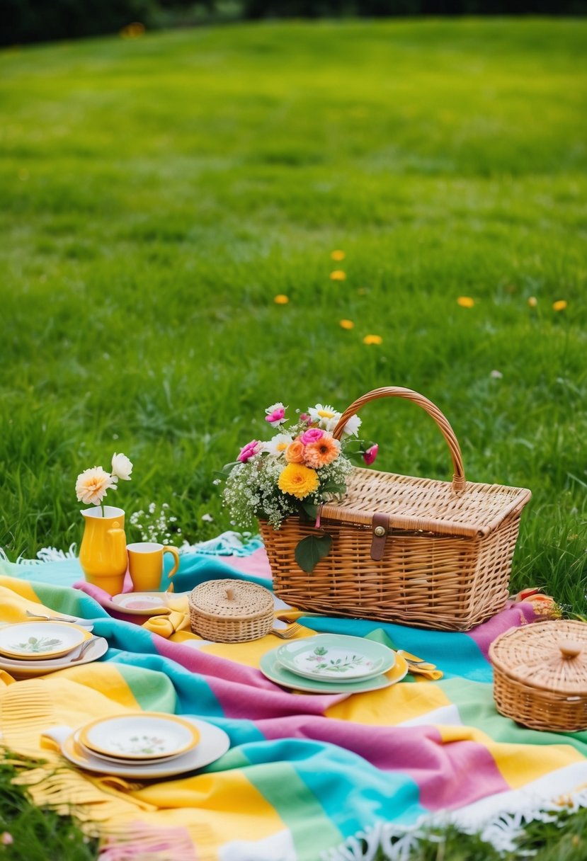 A colorful picnic blanket spread on lush green grass, adorned with a wicker basket, flowers, and charming tableware