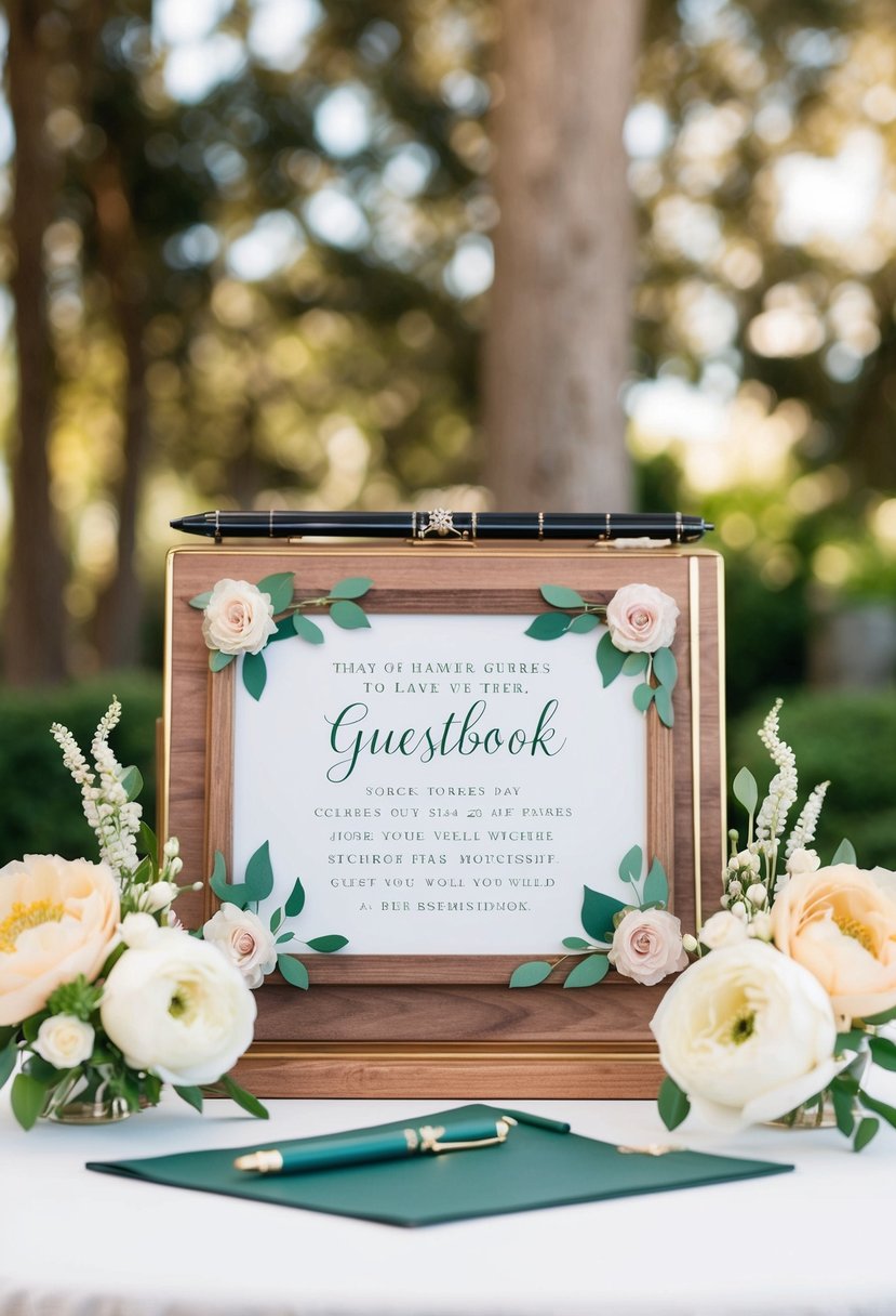 A charming guestbook station with a decorative pen, floral accents, and a sign inviting guests to leave their well-wishes