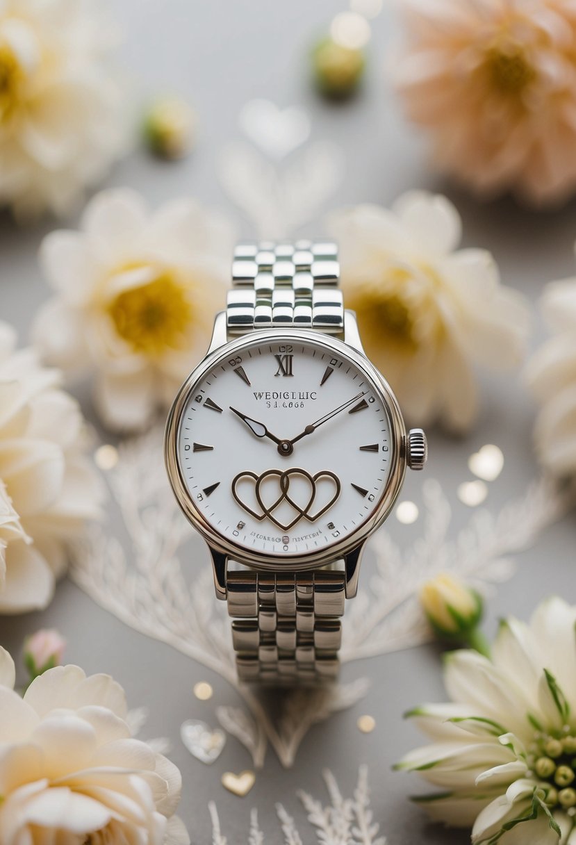 A wedding watch with intertwined rings and a heart motif, surrounded by delicate floral patterns and the date of the wedding