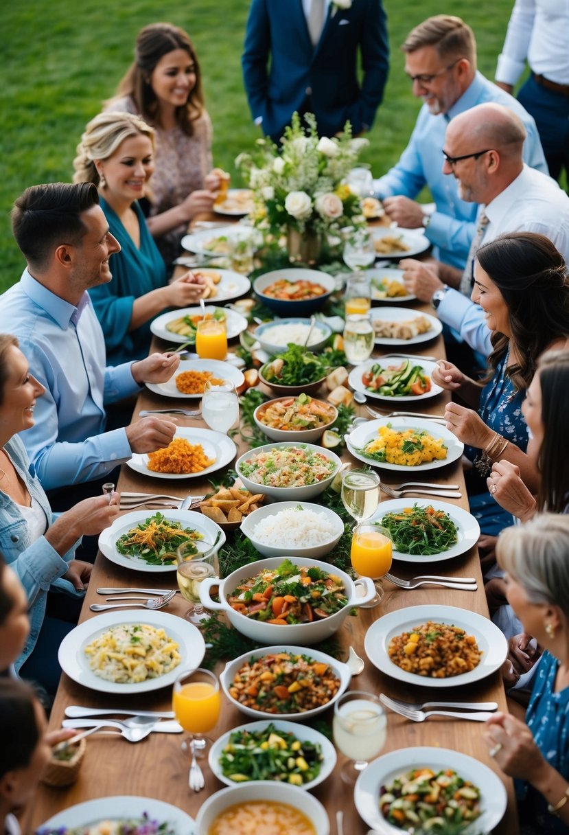 A table filled with an array of homemade dishes, surrounded by friends and family enjoying a potluck dinner at a wedding celebration