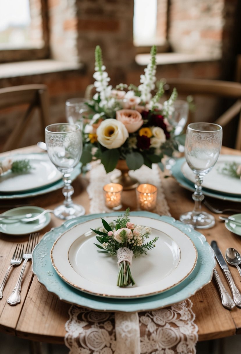 A charming rustic table setting for a wedding, with vintage plates, floral centerpieces, and delicate lace napkins