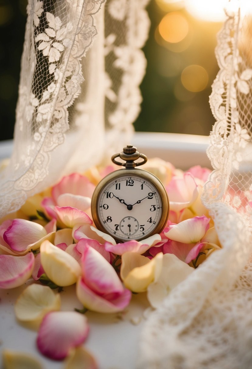 A vintage pocket watch nestled in a bed of delicate rose petals, bathed in soft, golden light filtering through lace curtains