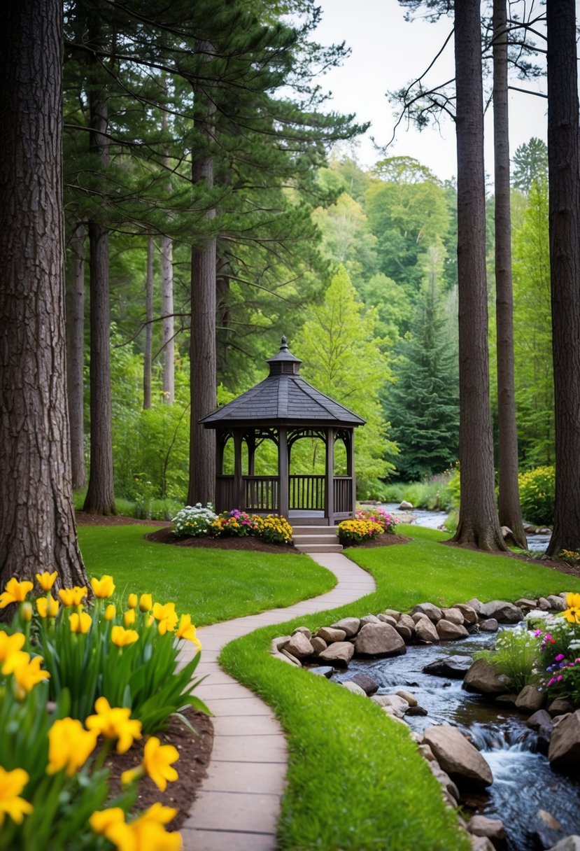 A small gazebo nestled among tall trees, surrounded by colorful flowers and a winding path, with a gentle stream flowing nearby