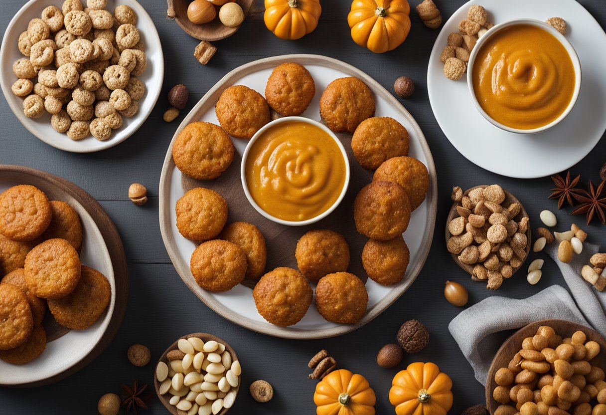 A festive table spread with a variety of spiced pumpkin poppers and keto circus snack alternatives