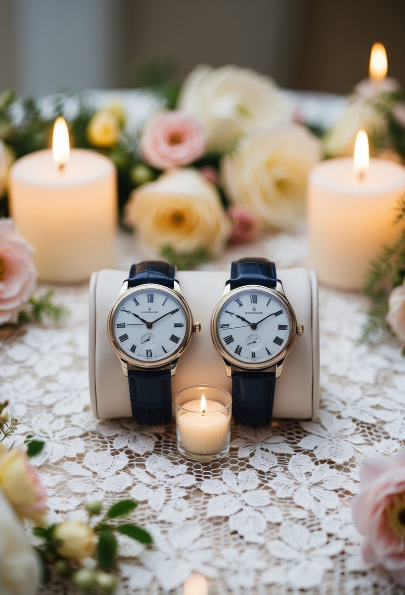 A pair of elegant wedding watches side by side on a lace-covered table, surrounded by delicate flowers and soft candlelight