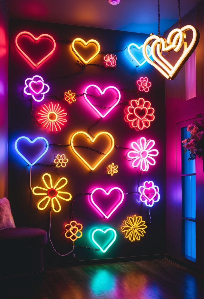 A dimly lit room with colorful neon signs of hearts, flowers, and love symbols, creating a romantic and whimsical atmosphere