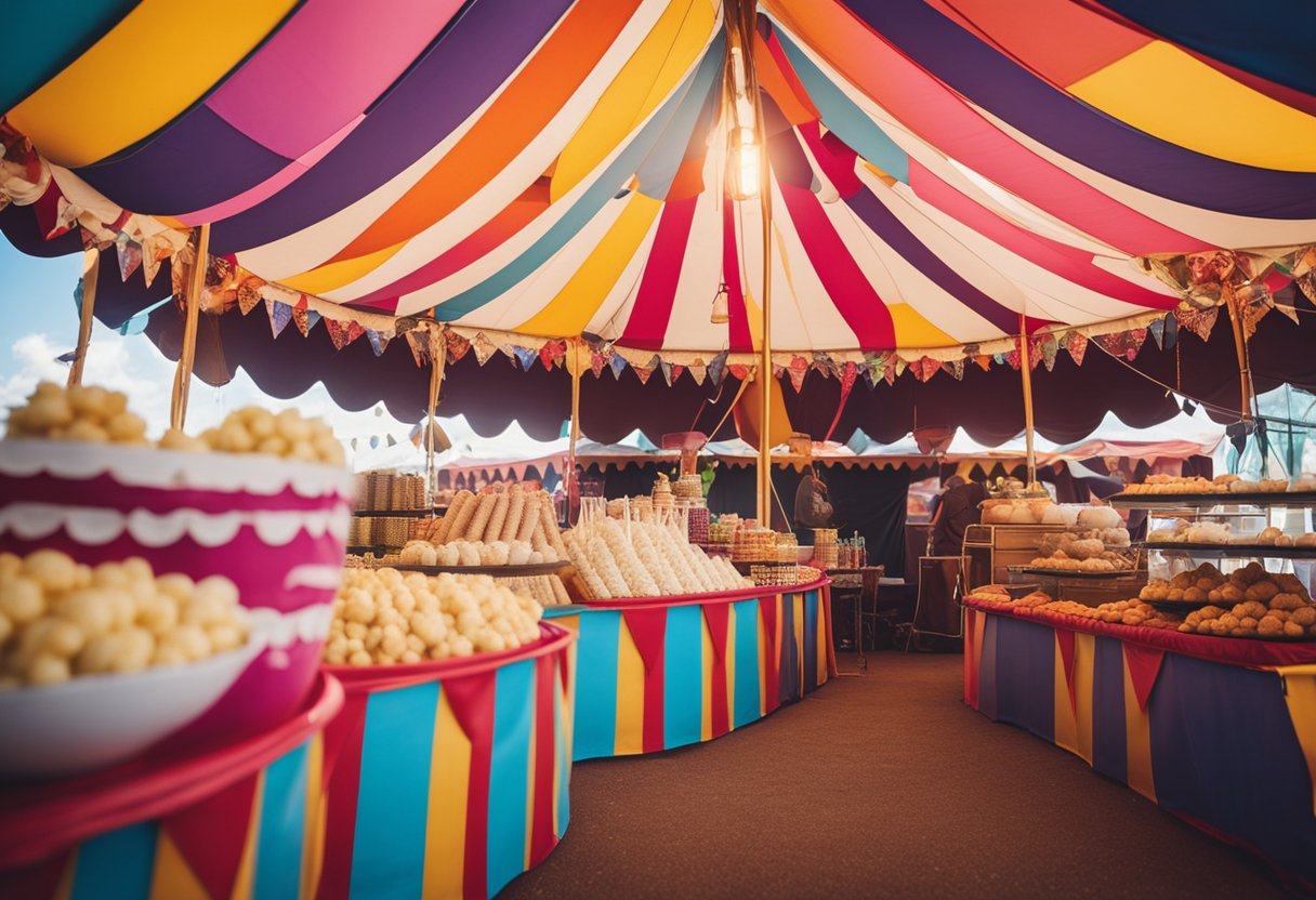 A vibrant circus tent with a variety of keto-friendly coconut cloud treats displayed on colorful stands