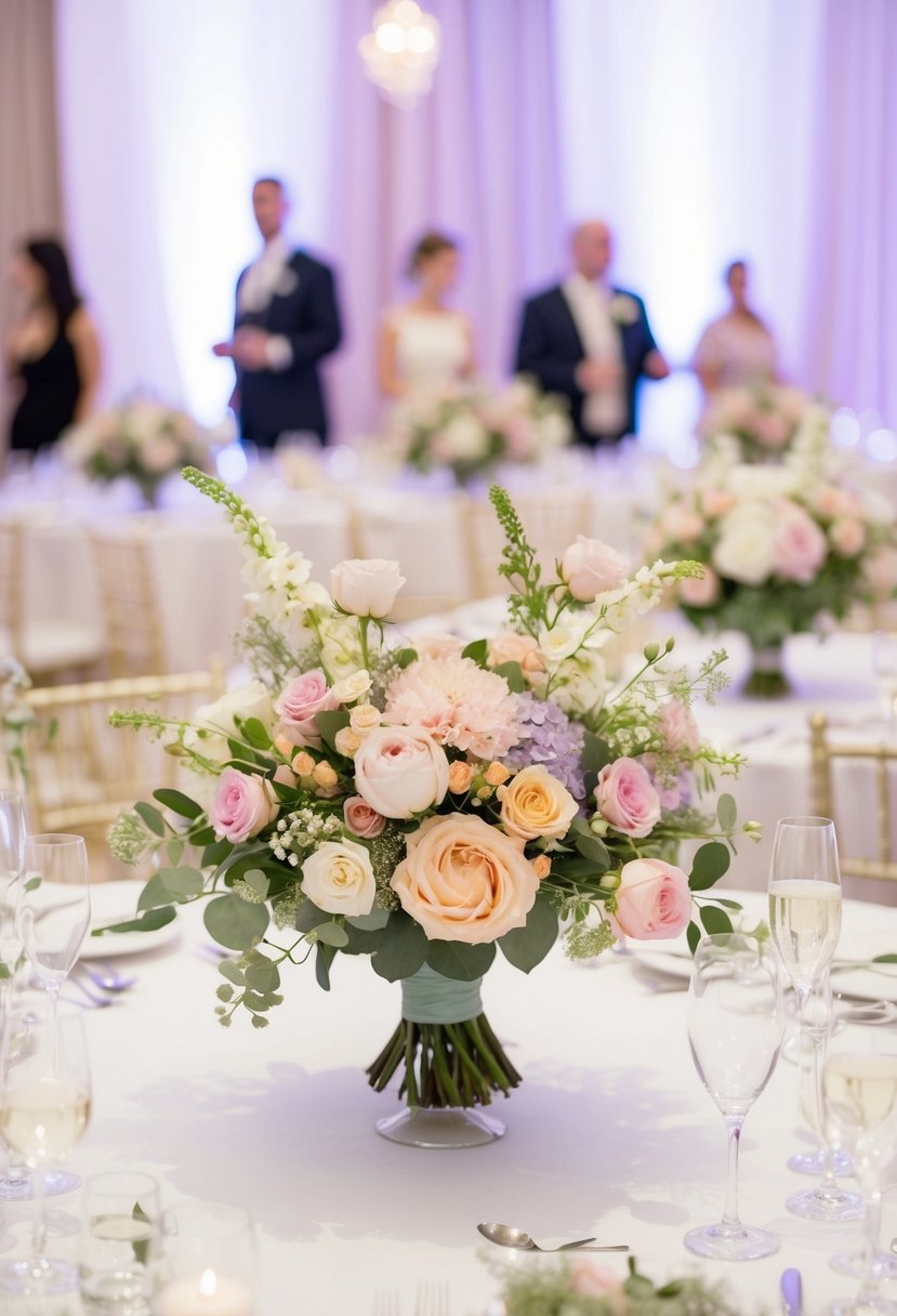 Pastel floral centerpieces adorn a table, adding a touch of elegance to a wedding reception