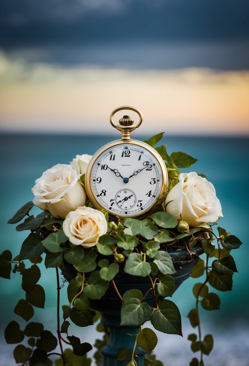 A vintage pocket watch nestled in a bed of delicate white roses and trailing ivy, set against a backdrop of a serene ocean horizon