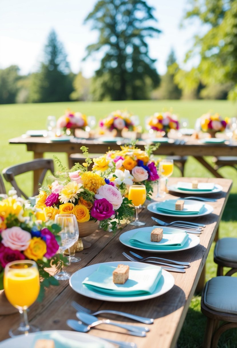 A sunny outdoor brunch wedding with colorful floral centerpieces, a rustic wooden table, and budget-friendly DIY decorations