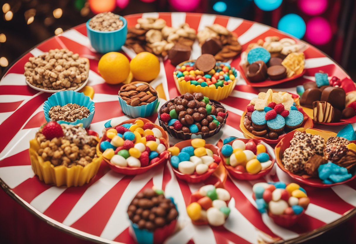 A colorful circus-themed snack table with various keto-friendly treats, including Choco-Nut Sprinkles, arranged on vibrant platters and surrounded by whimsical decorations