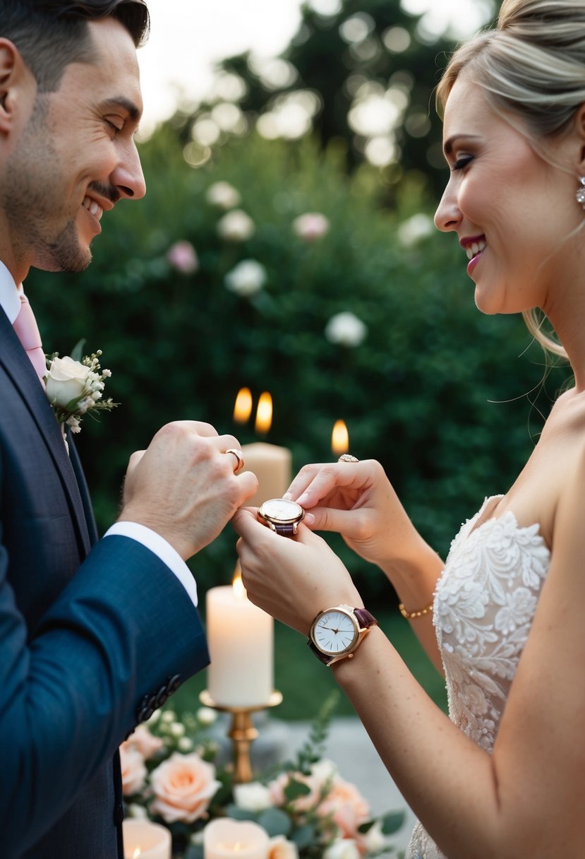 A bride and groom exchanging wedding watches with personalized engravings, surrounded by flowers and candles