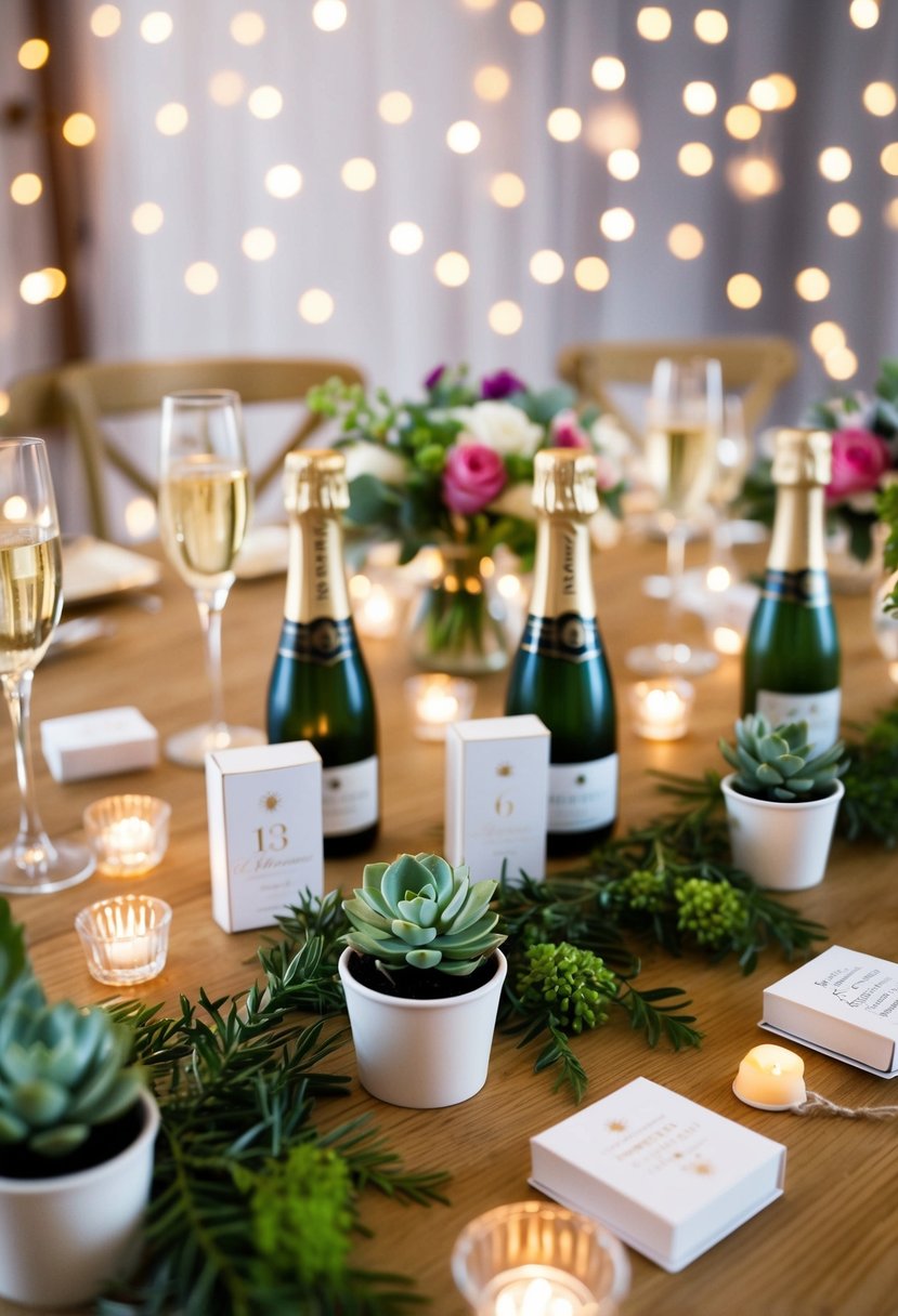 A table adorned with personalized succulent favors, mini champagne bottles, and custom matchboxes, surrounded by fairy lights and floral arrangements