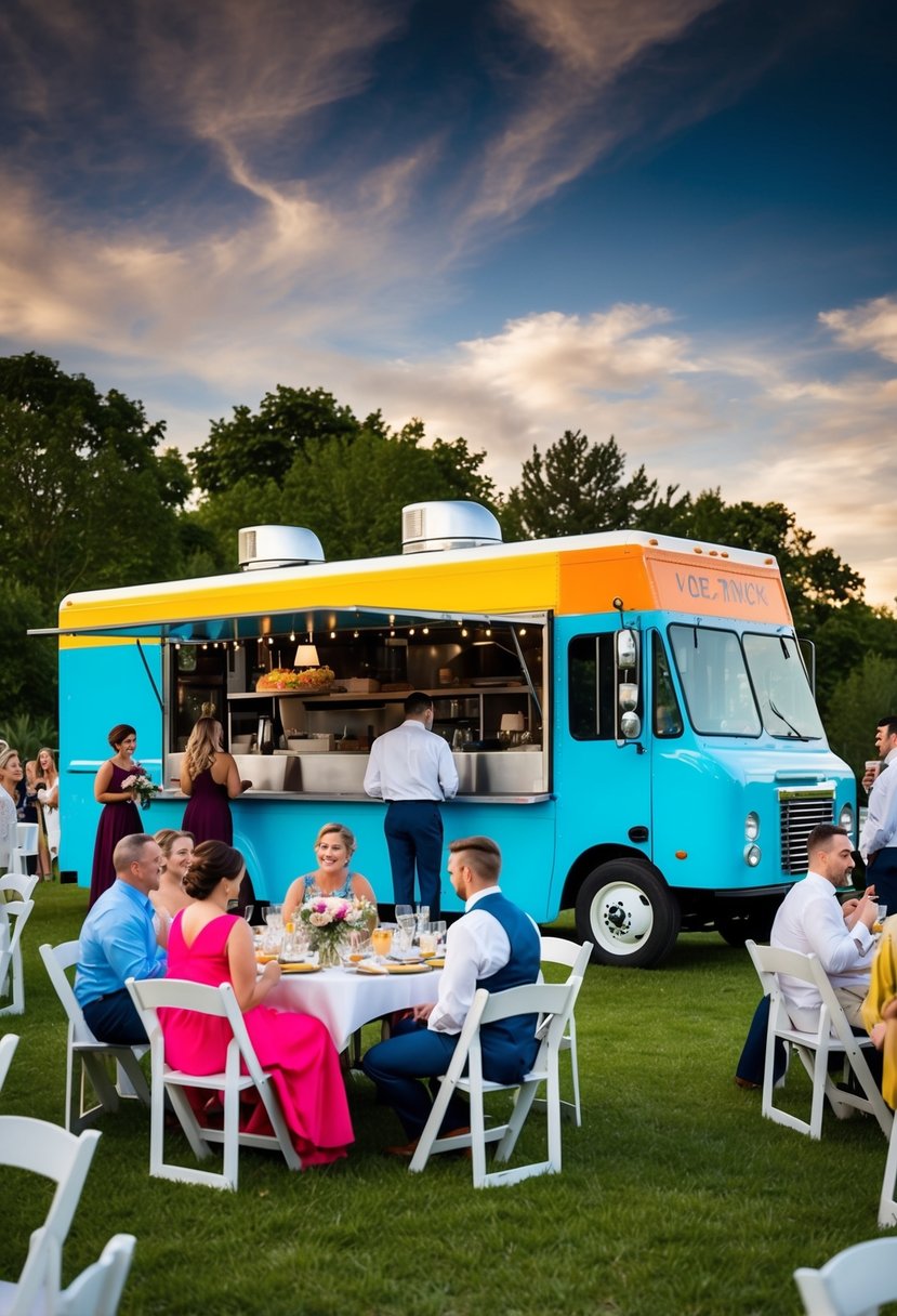 A colorful food truck parked at a wedding venue, surrounded by tables and chairs with guests enjoying a variety of delicious foods