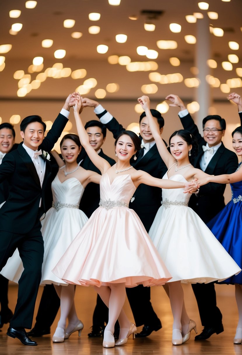 A group of figures in formal attire dancing joyfully in unison