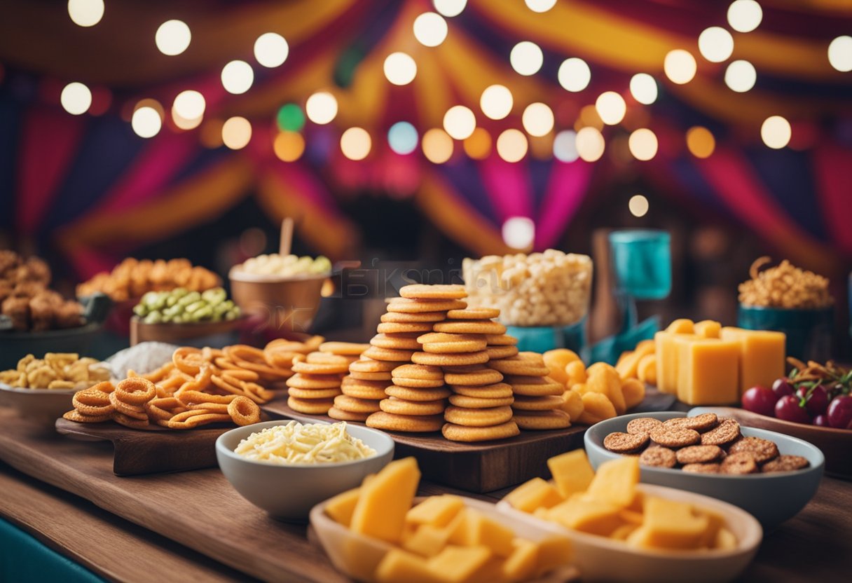 A colorful circus tent with a variety of keto-friendly snacks on display, including zesty cheese whirls