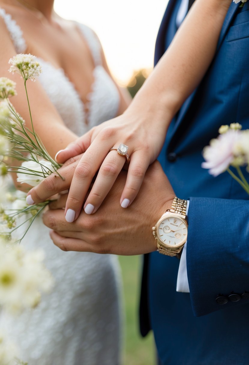 A bride and groom's hands clasped together, with a wedding ring on the bride's finger and a watch on the groom's wrist, surrounded by delicate flowers and a soft, romantic lighting