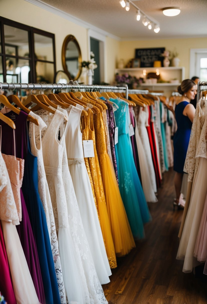 Racks of colorful dresses fill a cozy consignment store, with vintage lace and modern styles on display. Shoppers browse for affordable wedding attire