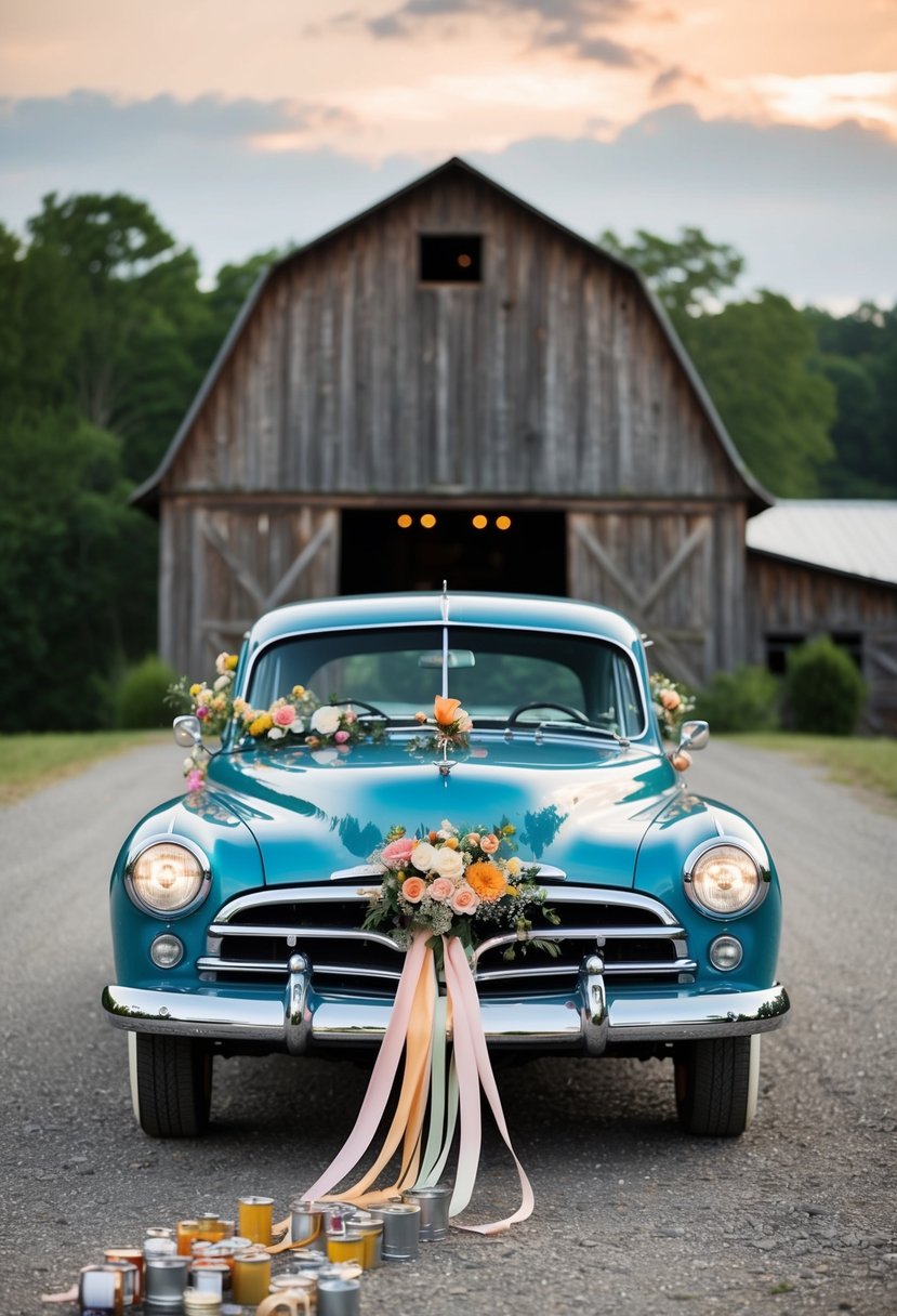 A vintage getaway car adorned with flowers, ribbons, and cans trailing behind, parked in front of a rustic barn