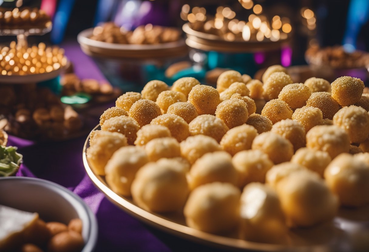 A platter of golden-brown garlic parmesan bites surrounded by colorful keto-friendly snacks at a circus-themed event