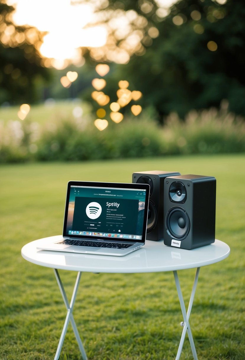 A couple sets up a simple outdoor wedding with a laptop connected to speakers, displaying a Spotify playlist of their favorite songs