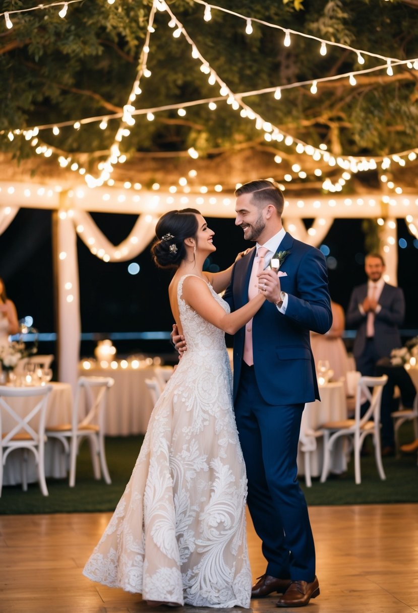 A couple dancing to a customized wedding playlist, surrounded by twinkling lights and romantic decor