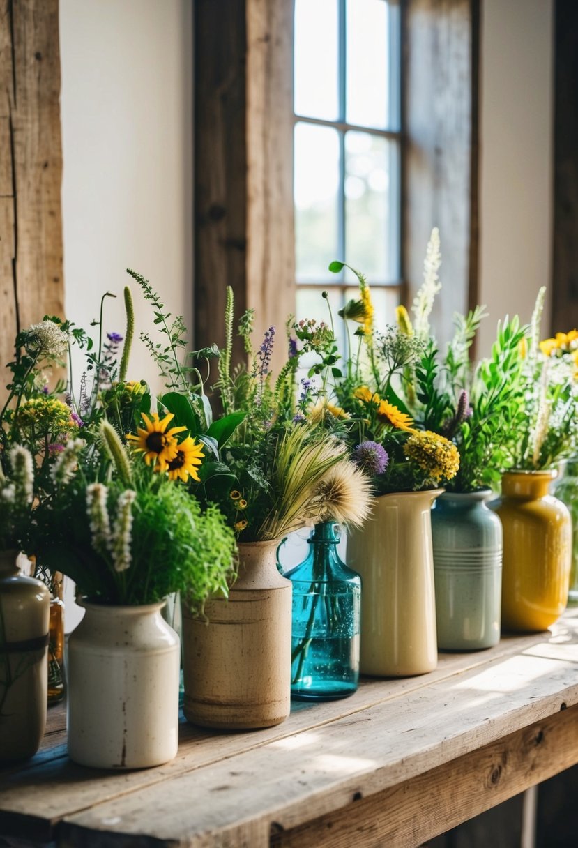 A rustic wooden table adorned with various wildflowers and greenery, arranged in mismatched vintage vases and jars. Sunlight filters through a nearby window, casting a warm glow on the charming display