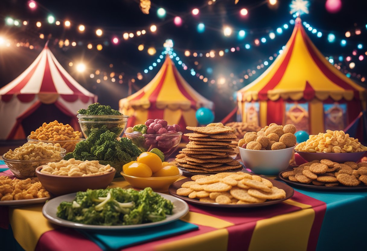 A vibrant circus tent surrounded by colorful keto-friendly snack options, including Kale Zest Crunchies, displayed on a table