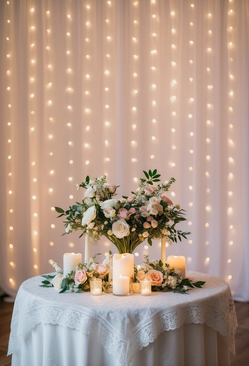 A heart-shaped table adorned with flowers, candles, and delicate lace, set against a backdrop of twinkling fairy lights and soft, romantic ambiance