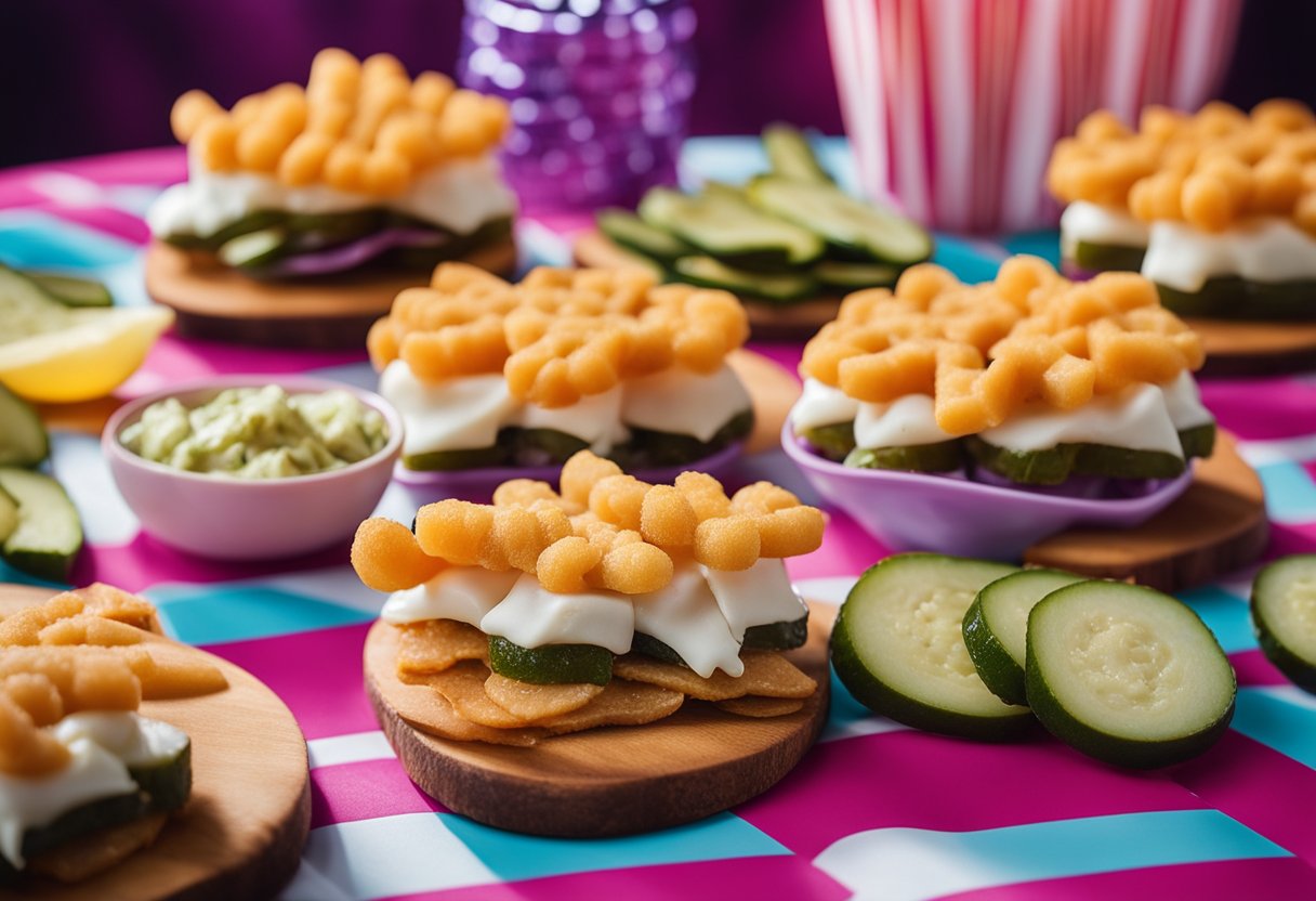 A colorful array of keto-friendly circus snacks, including pickled dill munchies, displayed on a vibrant circus-themed backdrop