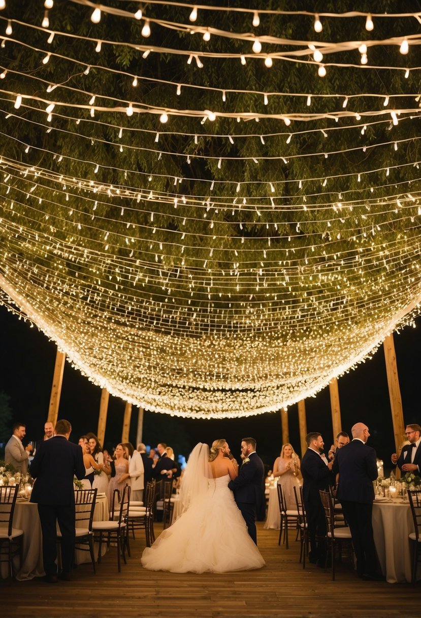 A canopy of twinkling fairy lights drapes over an outdoor wedding reception, creating a magical and romantic atmosphere